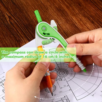 Zonon 1 Set Plastic Geometry Math Set 7 Pcs Includes 6'' / 4 '' Protractor, Drawing Compass, 45/60 Degree Triangle Rulers, 12'' / 6'' Math Ruler Transparent for Office Supplies(Green) - color: Green