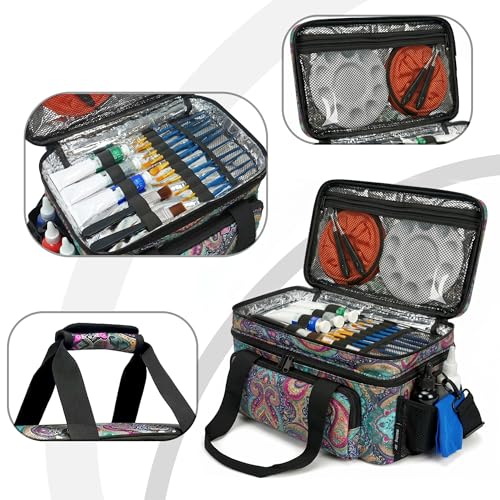Acrylic Paint Organizer Bag, Holds 54 (2 oz) Bottles | Art Supply Storage Case with Handle and Shoulder Strap, Durable Fabric, Brush Pocket, Palette Board, Teal Paisley