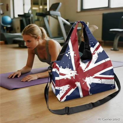 Union Flag Print Womens Gym Bag Yoga Mat Bags with Double Zipper Sports Bags with Shoe Compartments, Navy Blue Shoulder Bag for Fitness Weekender - color: Union Flag