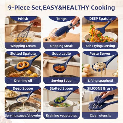 Kitchen Utensils Set,9 PCS Silicone Cooking Utensils Set Spatula Set,Tongs,Spoon,Whisk,Brush,Dishwasher Safe Kitchen Gadgets for Non-Stick Cookware,Home Essential，Kitchen Appliances(Navy Blue) - color: Navy Blue