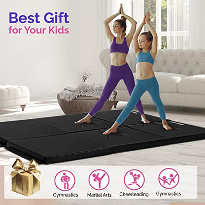 Matladin 6' Folding Tri-fold Gymnastics Gym Exercise Aerobics Mat, 6ft x 2ft x 2in PU Leather Tumbling Mats with Hook & Loop Fastener for Stretching Yoga Cheerleading Martial Arts - color: Black