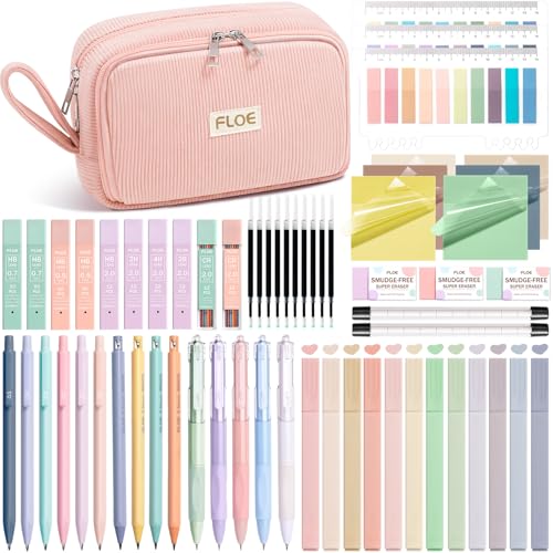 62PCS Aesthetic School Supplies Cute Back to School Supplies Stationary Set | College Preppy Essentials Kit with Large Pencil Pouch Case, Pastel Highlighters Gel Pens Mechanical Pencils for Student Girls - color: Pink