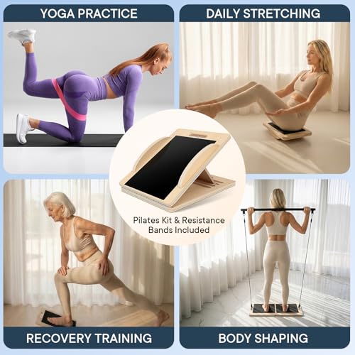 Versatile Wooden Slant Board, Convertible to Balance & Pilates Board, Adjustable Angles, Includes Full Pilates Kit, Supports Up to 360lbs, Calf Stretch, Squats, Knee, Ankle, Heel & Leg Training