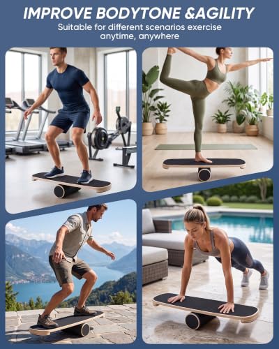 Balance Board for Adults, Surf Trainer with Wooden Roller | 300lbs capacity, non-slip wooden surface, for surfing snowboarding skateboarding yoga, core strength & balance training