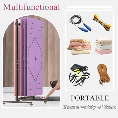 Yoga Mat Storage Rack on Wheels, Metal Yoga Mat Holder with Double Sided Hooks & Punching Tool, Rolling Organizer Cart for Home Gym, Exercise & Fitness Club