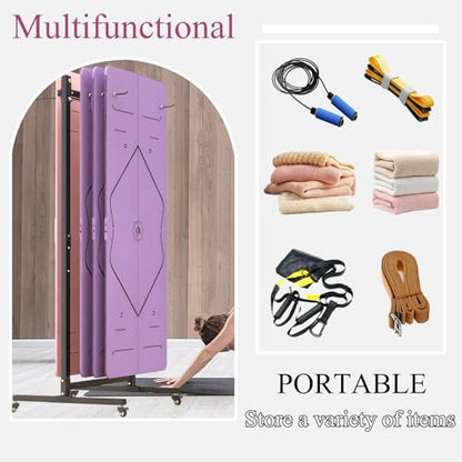 Yoga Mat Storage Rack on Wheels, Metal Yoga Mat Holder with Double Sided Hooks & Punching Tool, Rolling Organizer Cart for Home Gym, Exercise & Fitness Club
