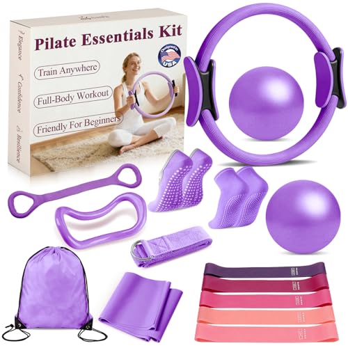 Pilates Ring and Small Ball Set for Women with 5 Resistance Bands, 14 inch Magic Circle Home Workout Essentials Starter Kit for Beginners, Yoga Sets for Full Body Toning Shape