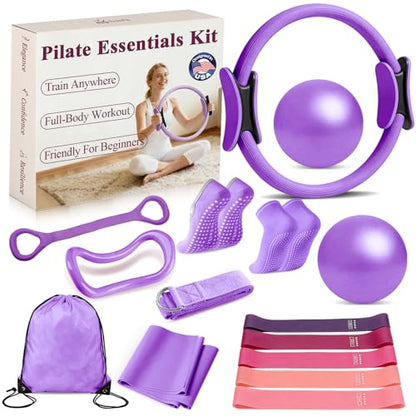 Pilates Ring and Small Ball Set for Women with 5 Resistance Bands, 14 inch Magic Circle Home Workout Essentials Starter Kit for Beginners, Yoga Sets for Full Body Toning Shape