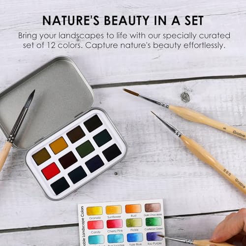 Grabie 12 Color Travel Watercolor Paint Set, Pocket Palette, Landscape | 12 Landscape Watercolor Colors, Pocket Compact Watercolor Palette For Sketching & Painting, Beginner-Friendly Paint Set - color: 12 Colors - Landscape