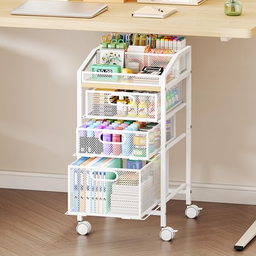 SWTYMIKI Rolling Utility Cart with Drawers - Under Desk Storage Cart with DIY Divider & Lockable Wheels, Multi-Functional Craft Art Supply Organizer for Office, Vanity, Craft Room & Studio White - color: White