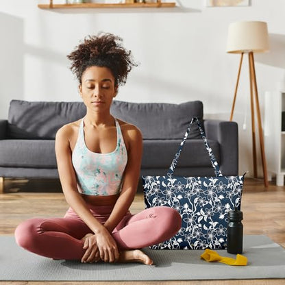 Yoga Bag for Women, Large Canvas Yoga Mat Tote Bag with Yoga Mat Carrier | Large Mat Pocket Fitness Tote for Pilates, Gym, Travel, Office & Beach - color: Blue Flowers