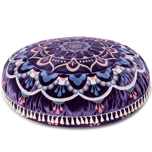 Hihealer Meditation Cushion, Large Velvet Floor Pillow for Yoga, Meditation | Round Memory Foam Bolster Pillow, 36" Mandala Boho Cushion, Supportive & Ergonomic - color: Purple