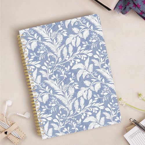 Cute Spiral Notebook journal A4 Aesthetic Pretty Design for Women Girls Kawaii with Pocket, 8.5 x 11 inch, Lined, Blue Leaves - color: Blue Leaves, style: Lined
