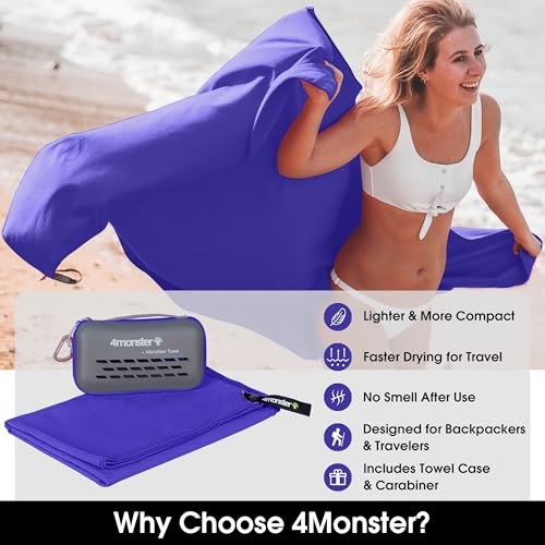 4Monster Quick Dry Travel Towel with Case & Carabiner – Super Absorbent Microfiber Gym & Camping Towel. Compact, Lightweight, Fast Drying for Beach, Swimming, Hiking, Backpacking - color: Purple, size: 31.50" x 15.80"