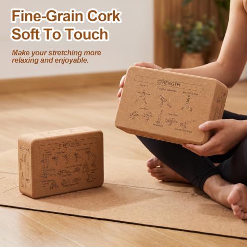 2 Pack Cork Yoga Blocks, Yoga Poses Teaching Cork Blocks for Beginners & Experts, Eco-Friendly High Density Non-Slip Fitness Block for Better Support, Balance & Comfort (9 x 6 x 3 Inches)