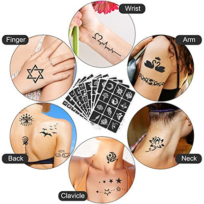24 Sheets Henna Stencils for Kids Teens Adults | 400+ Reusable Tattoo Stencils, Glitter Tattoo Stencils For Face Hand Back