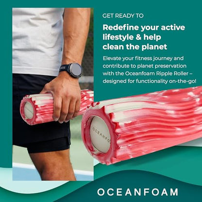 Oceanfoam Ripple Travel Foam Roller (11" x 3.35") Firm Mini Foam Roller for Physical Therapy, Deep Tissue Massage, Back Pain - High Density, Ergonomic Wave Textured - Yoga, Exercise (Red Marbled) - color: Red Marbled