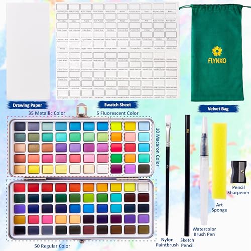 Professional Watercolor Paint Set - 100 Colors Travel Art Kit | Includes 6 detail brushes, water brush pen, nylon brush, sponge, swatch sheet, and supplies for adults, artists & students - style: Set of 100 colors