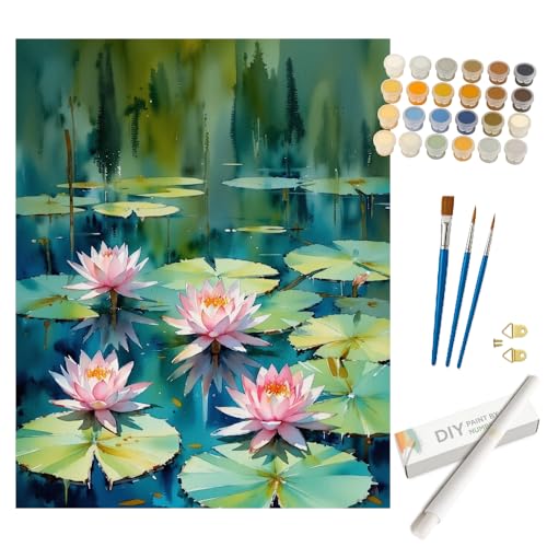 Flowers Paint by Numbers Kit for Adults - DIY Lotus Flowers on Water Painting on Rolled Canvas 16x20 Inches, Acrylic Paint Set, Suitable for Beginners, Nature Art for Home Decoration or Gifts - color: TCXY06532, size: 16X20IN Rolled