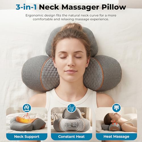Freebody 3-in-1 Neck Massager Pillow with Heat & Massage, Ergonomic Neck Support Pillow with Stretching Support for Home & Office Use, Grey