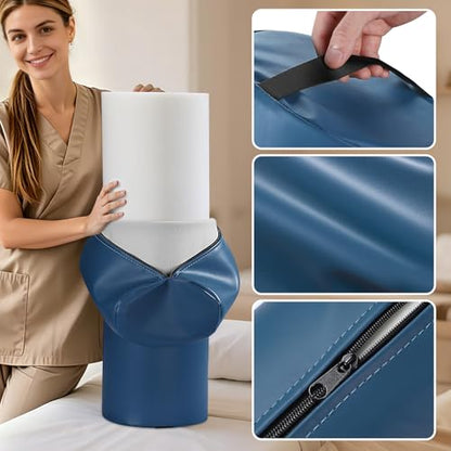 PU Leather Round Bolster Pillow, 26 x 9 In Massage Bolsters for Under Legs | Massage Knee Pillow with Strap Handle, Exercise Bolster for Legs Massage Table Roll Pillow Leg Bolster for Massage Table - color: 9“ Full Round - Blue