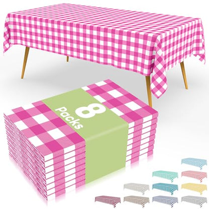 Smiry 8 Packs Gingham Disposable Table Cloth, 54 x 108 Inch Waterproof Plastic Tablecloth, Rectangle Hot Pink and White Checkered Table Covers for Party, Birthday, Picnic, Banquet - color: Hot Pink and White, size: 54"x108" (Pack of 8)