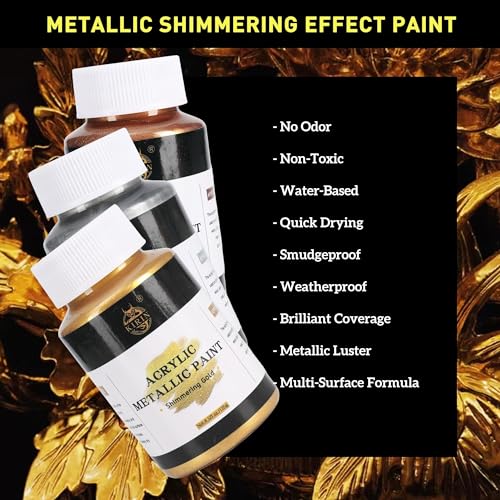 KIRIN Acrylic Paint Metallic, Metallic Gold & Silver & Bronze, Gold Leaf Paint for Art Painting Handcrafts, Idea Paints for Fabric Furniture Wood Clay Canvas Craft Supplies (3Pcs, 125g/Bottle)