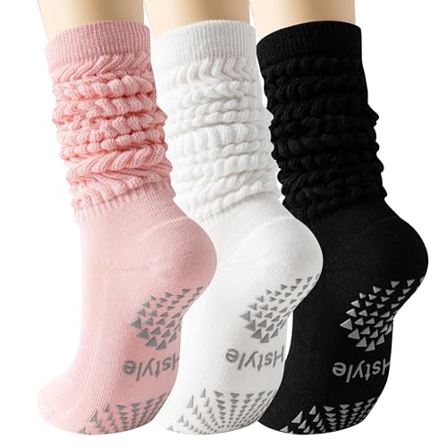 Hstyle Grip Pilates Socks for Women, Slouch Scrunch Yoga Barre Socks - color: White+black+pink