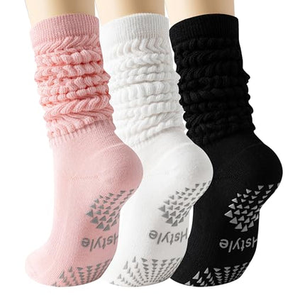 Hstyle Grip Pilates Socks for Women, Slouch Scrunch Yoga Barre Socks - color: White+black+pink