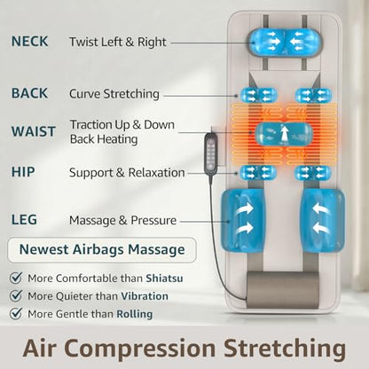 YENING Full Body Massage Mat with Airbags, Air Compression Stretching Mat with Heat for Bed Floor, Neck Lumbar Traction Pad for Pain Relief, Foldable Massage Mattress Topper, 5'1"-6'0"