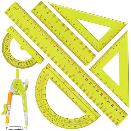 Zonon 1 Set Plastic Geometry Math Set 7 Pcs Includes 6'' / 4 '' Protractor, Drawing Compass, 45/60 Degree Triangle Rulers, 12'' / 6'' Math Ruler Transparent for Office Supplies(Yellow) - color: Yellow