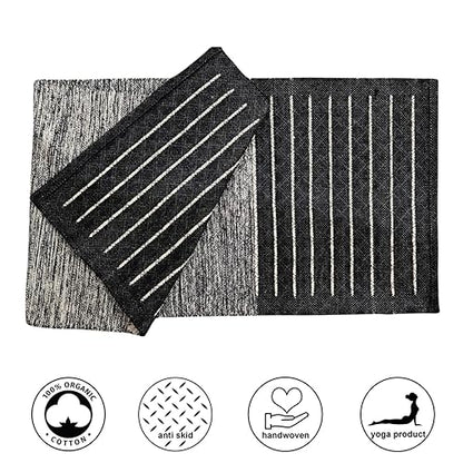 Indian Handmade100 % Organic Anti Skid Multi Colour Cotton Yoga Mat - Eco-Friendly Hand-Woven Rug - Non-Slip & Thick (24”x72”x5mm) for Hot yoga & Everyday Fitness at Home - Comfortable & Foldable Extra-Long Mat - color: BLACK 007