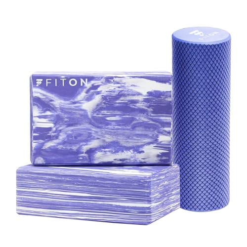FitOn - 12"x4" Travel Sized Recovery Roller & 2-Pack of Yoga Blocks Bundle - Workout Equipment Set for Gym and Home Exercise - Workout with Durable Foam Roller & High-Density EVA Foam Yoga Blocks