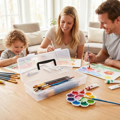 4 Pack Paint Brush Case - Portable Clear Plastic Brush Storage Box with Black Handle, 13 x 3.5 x 2.25 Inches Heavy Duty Organizer for Artists
