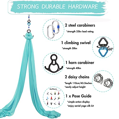 Aerial Silks Yoga Swing Set, Fitness Aerial Yoga Kit | Anti-Gravity Flight Aerial Yoga Hammock Kit; Low/Non Stretch Nylon Tricot Fabric; For Fitness & Dance; Hardware Included - color: Turquoise