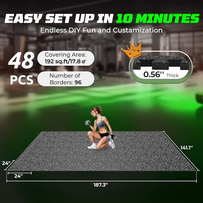 PRAISUN 0.56" Rubber Top Gym Flooring, Heavy Duty Gym Mats for Home Gym | Non-Slip Interlocking Workout Mat, 24 x 24in Large Gym Floor Mat, Protect Floors from Equipment, 192 Sq Ft, Black/Grey - size: 48 Tiles (192 Sq Ft)