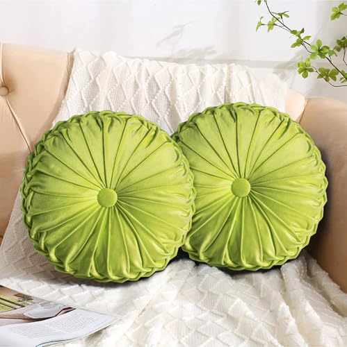 HIG Set of 2 Apple Green Velvet Decorative Round Pleated Throw Pillows - color: Apple Green