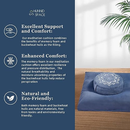 Meditation Cushion Set Zafu & Zabuton – Buckwheat Hull & Memory Foam, Adjustable Floor Pillow for Yoga, Meditation & Sitting, Removable Velvet Cover (Navy Blue) - color: Navy Blue
