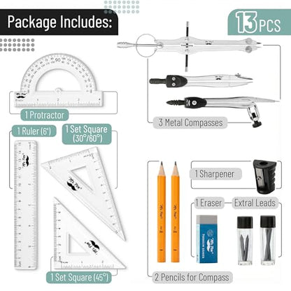 Mr. Pen- Geometry Set, 13 pcs, 3 Metal Compasses, Protractor, 6" Ruler | 45° & 30°/60° Set Squares, Pencils, Lead Refills, Sharpener & Eraser for Math, Drafting & Classroom Use - color: Black
