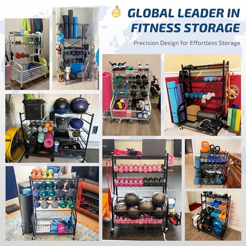 PLKOW Dumbbell Rack, Weight Rack for Dumbbells, Home Gym Storage for Dumbbells Kettlebells Yoga Mat and Balls, All in One Workout Storage with Wheels and Hooks, Powder Coated Finish Steel