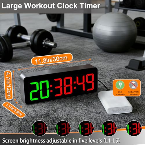 Gym Clock Timer for Tabata/FGB/EMOM Interval Workout | Large LED Display, Digital Wall Clock with Seconds, Remote Control, For Classroom Home Garage Office - color: Green