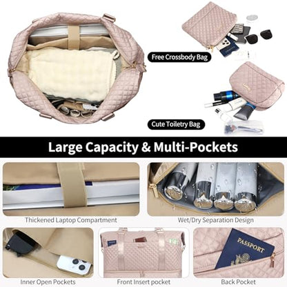 Weekender Bag, Large Travel Duffel Bag for Women, Carry on Overnight Bag with Shoe Compartment and Toiletry Bags - color: K-3PCS Nude