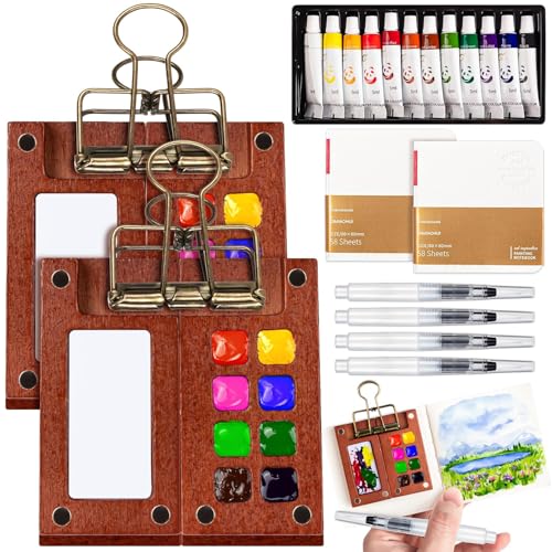 Mini Watercolor Paint Set, Portable Travel Watercolor Kit with 12 Colors, 2Pcs Wooden Palette, 2 Sketchbook & Metal Clip, 4 Brushes - Pocket Art Supplies for Artists, Adults, Beginners & Outdoor Paint - style: 12Colors & 16Grid Palette