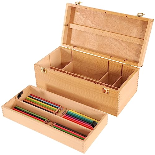 VISWIN 16"x8"x6" Large Art Storage Box, Double-Layered Solid Beech Wooden Tool Box for Art Supplies, Wooden Tool Box for Paint Brush, Pen, Pastel, Paining Supplies - size: Two layers