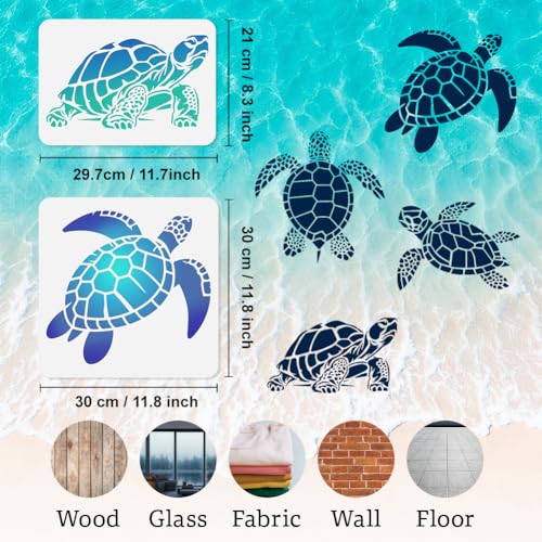 4Pcs Sea Turtle Wall Stencil Templates 11.8" x 11.8" and A4 Size Reusable Turtle Pattern Stencils for Painting on Wood Wall Floor Fabric Glass Furniture, DIY Home Decor or Craft Stencils | 11.8" x 11.8" & A4 Plastic Craft Stencils, Turtle Wall Stencils, D