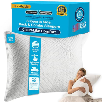 Xtreme Comforts Pillows for Sleeping - Adjustable King Memory Foam Pillow for Side, Back & Stomach Sleepers w/Removable Cooling Zipper Cover - Made in The USA