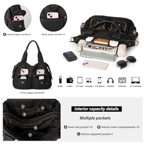 Worldlyda Women Canvas Hobo Purse Multi Pocket Tote Shopper Shoulder Bag Casual Top Handle handbag with Embroidery Ethnic - color: A9-kks4-tfl7