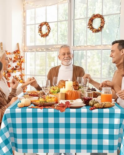 Smiry 8 Packs Gingham Disposable Table Cloth, 54 x 108 Inch Waterproof Plastic Tablecloth, Rectangle Turquoise and White Checkered Table Covers for Picnic, Birthday, Party - color: Turquoise and White, size: 54"x108" (Pack of 8)