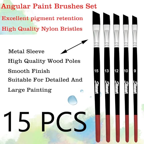 Sdanart Angular Paint Brushes,15 PCS Angled Paint Brush Angled Paintbrush | Highly Absorbent Nylon Hair Professional Angular Paint Brush for Acrylic Watercolor Gouache Oil Painting Artists Beginners