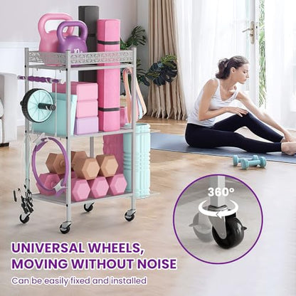 VOPEAK Home Gym Storage Rack, 3-Tier Yoga Mat Storage with Wheels & Hooks | 200 lbs steel rack with lockable casters & side hooks. 3-tier fits yoga mats & dumbbells — 10-min assembly - color: GRAY